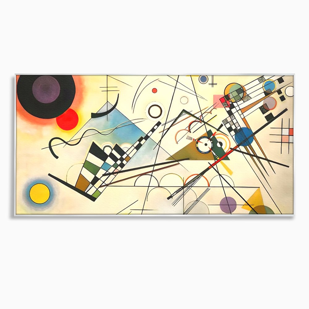 Tablou canvas cu pictura abstracta cu forme geometrice colorate, in rama de aluminiu argintiu