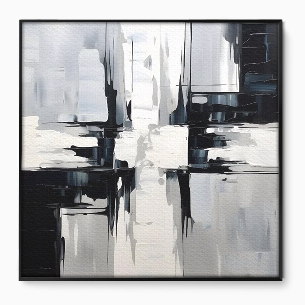 Tablou canvas cu pictura abstracta alb-negru, in rama de aluminiu negru