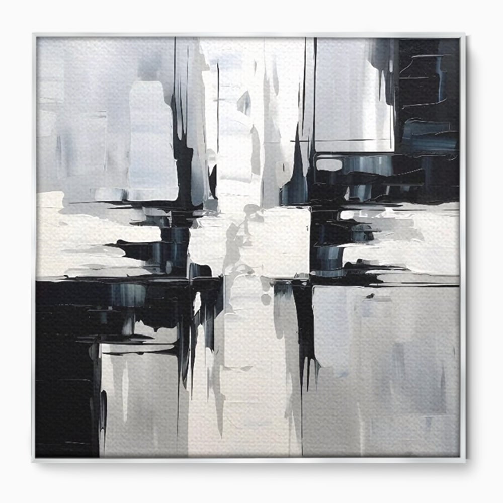 Tablou canvas cu pictura abstracta alb-negru, in rama de aluminiu argintiu