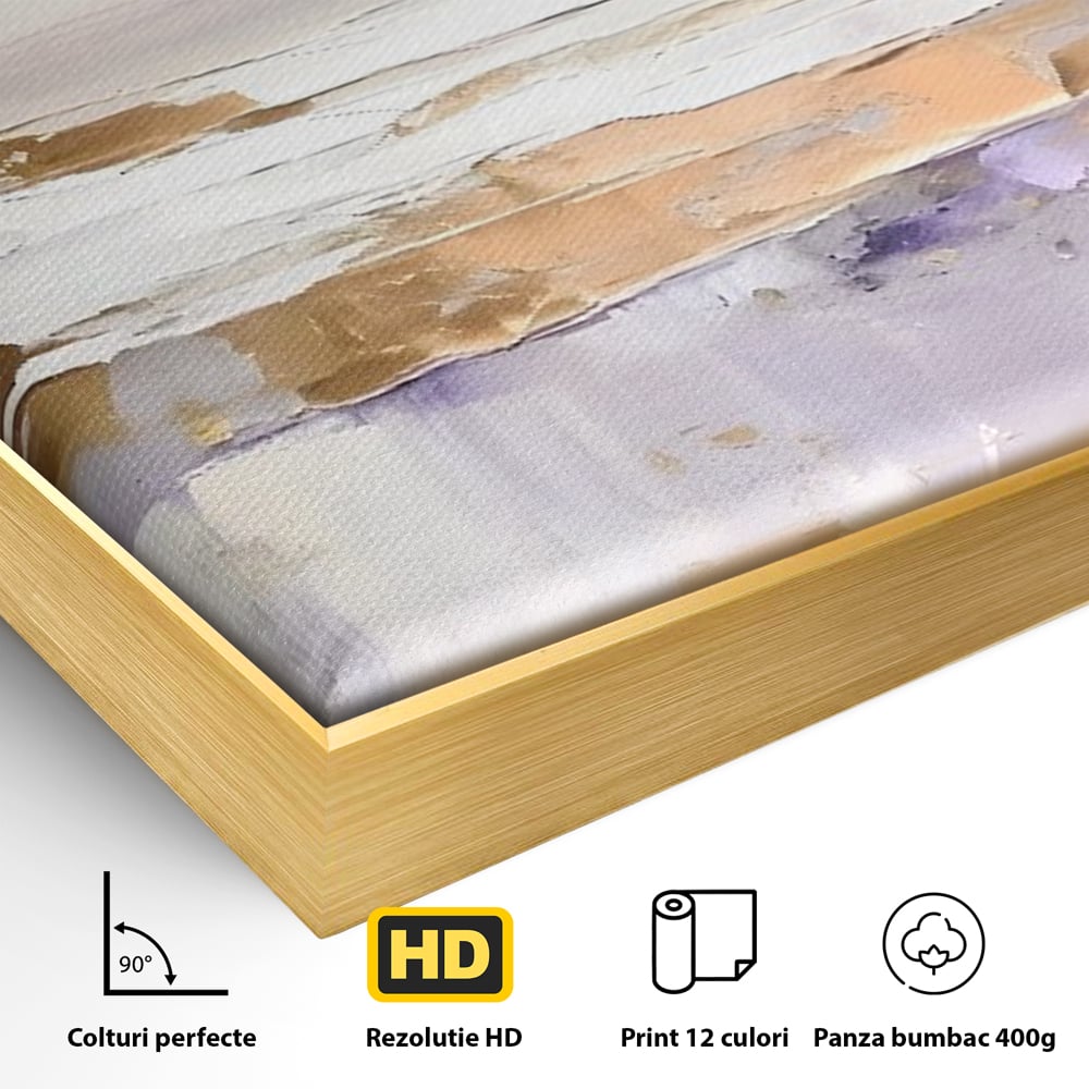 Detaliu al suprafetei: pictura abstracta cu valuri si cer pastelat, in rama de aluminiu auriu