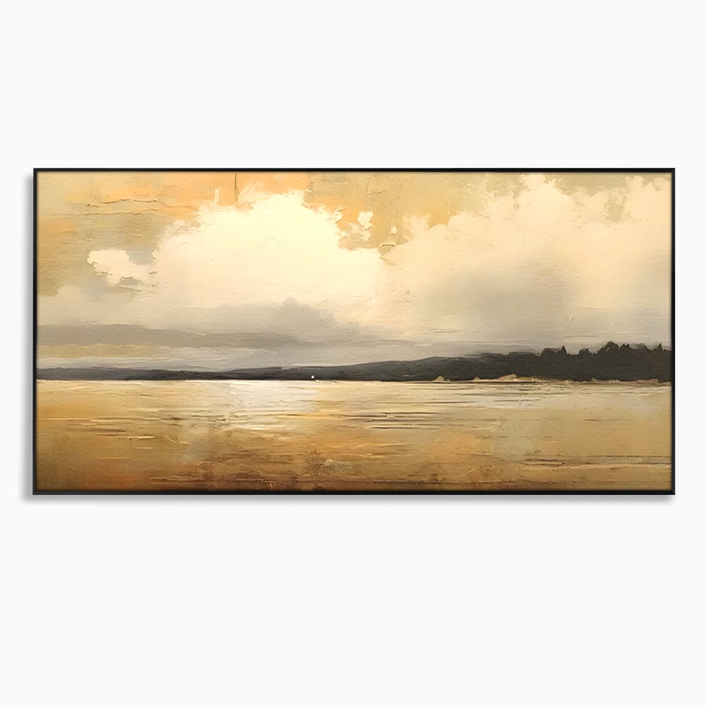Tablou canvas cu pictura orizontala cu apus pe lac, in rama de aluminiu negru