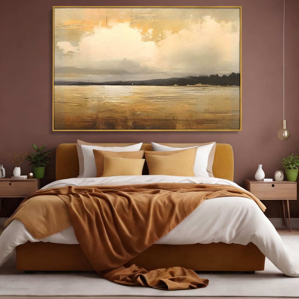 Tablou canvas cu pictura orizontala cu apus pe lac, in rama de aluminiu auriu, pe perete intr-un dormitor