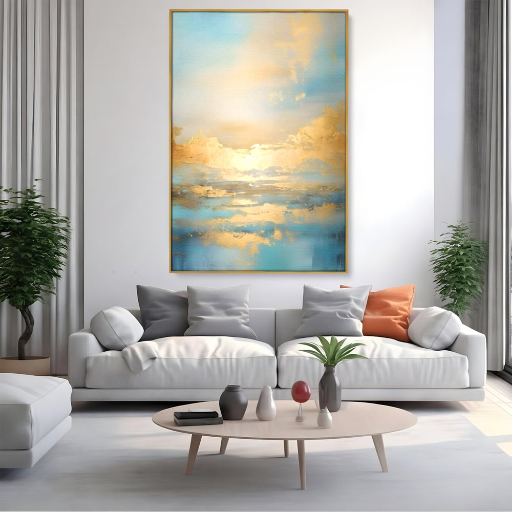 Tablou canvas cu tablou canvas cu peisaj marin abstract, in rama de aluminiu auriu, pe perete intr-un living