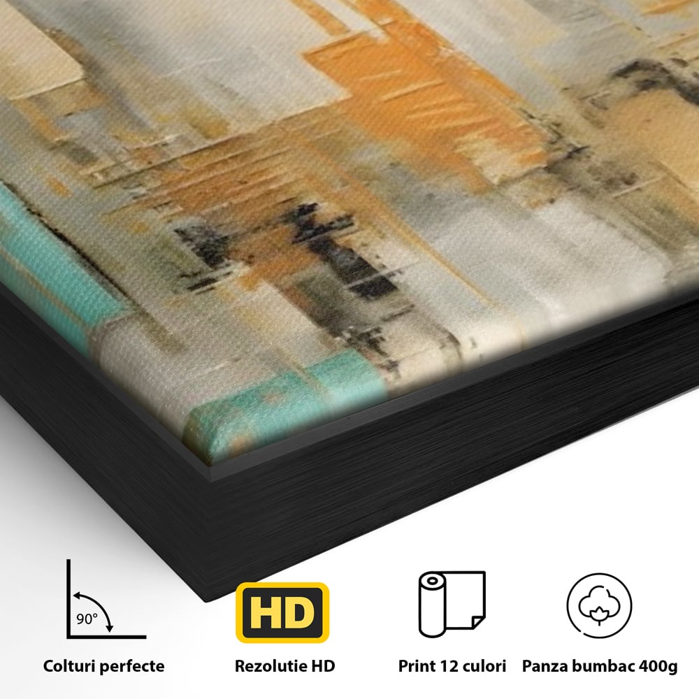 Detaliu al suprafetei: pictura abstracta cu peisaj urban, in rama de aluminiu negru