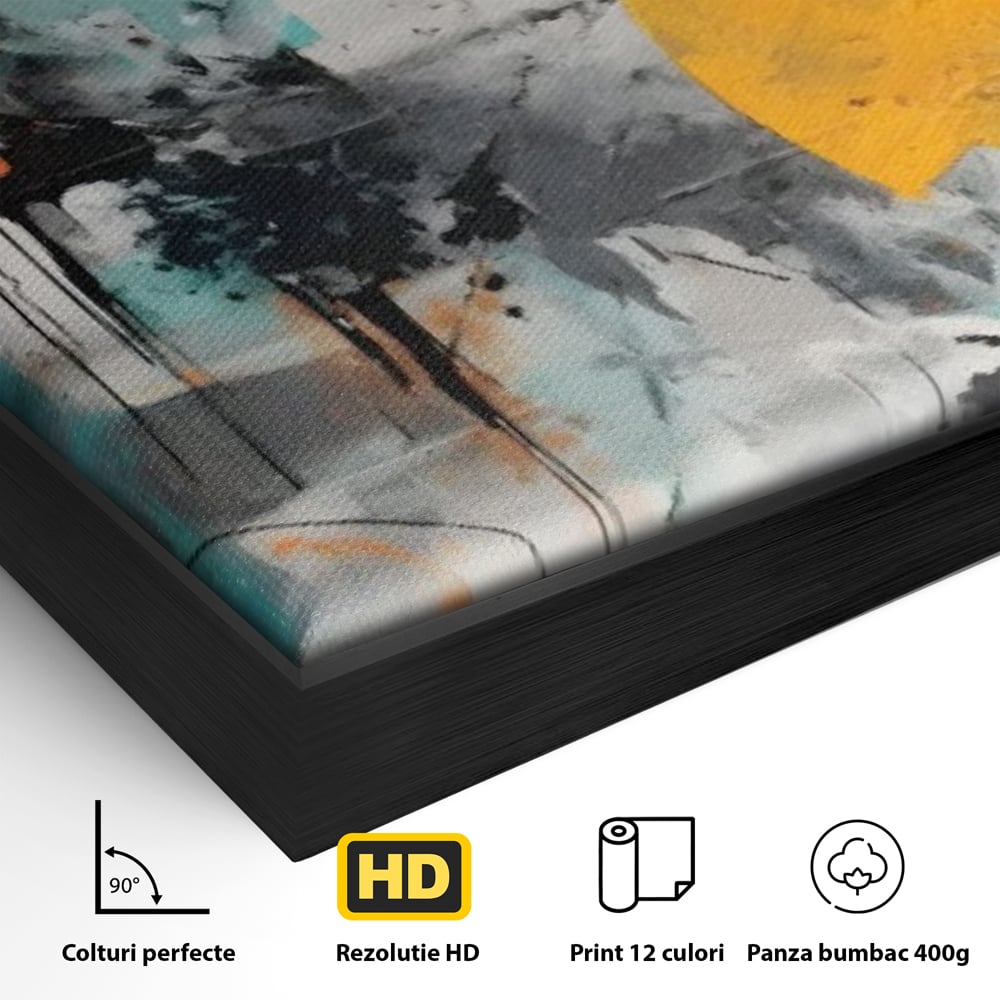 Detaliu al suprafetei: tablou abstract cu discuri solare portocalii, in rama de aluminiu negru