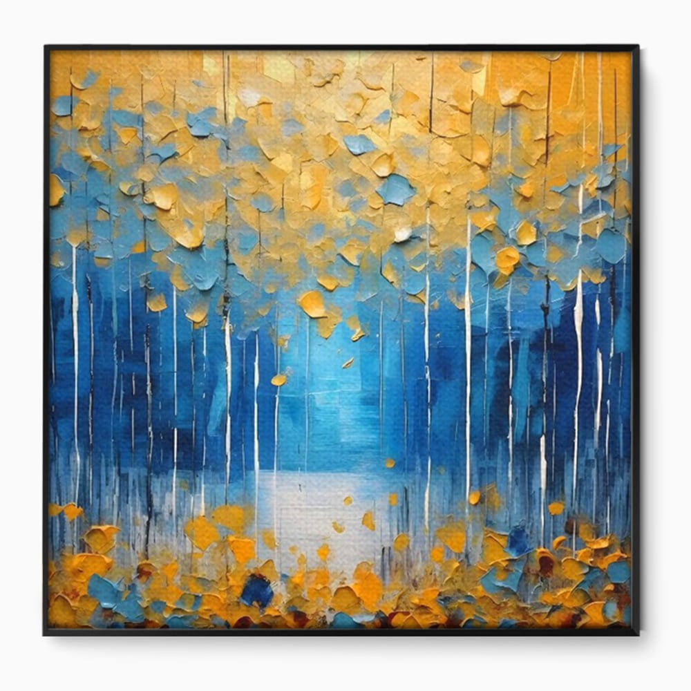 Tablou canvas cu pictura abstracta cu frunze si copaci, in rama de aluminiu negru