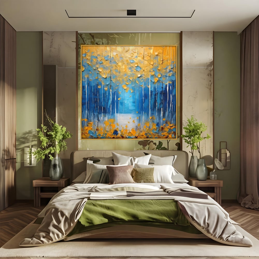 Tablou canvas cu pictura abstracta cu frunze si copaci, in rama de aluminiu auriu, pe perete intr-un dormitor