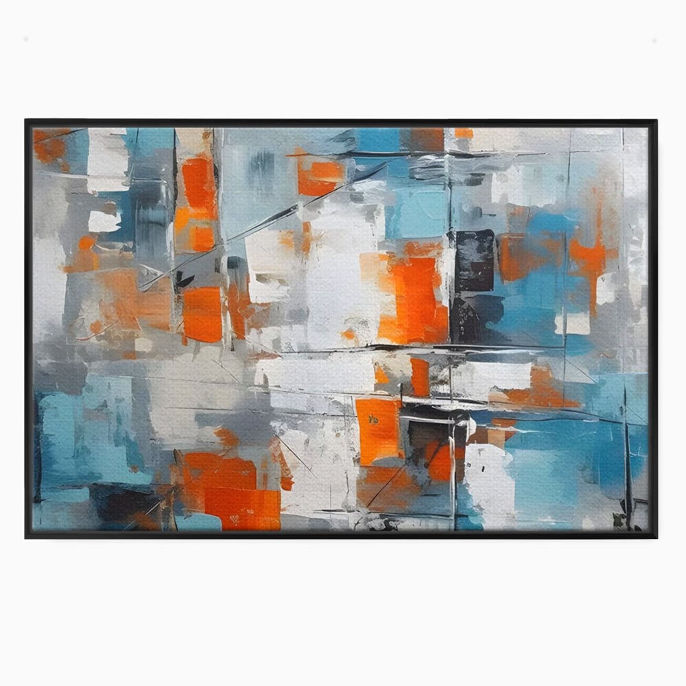 Tablou canvas cu pictura abstracta cu blocuri portocalii si albastre, in rama de aluminiu negru