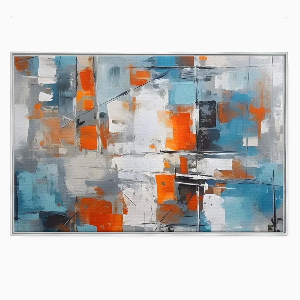 Tablou canvas cu pictura abstracta cu blocuri portocalii si albastre, in rama de aluminiu argintiu