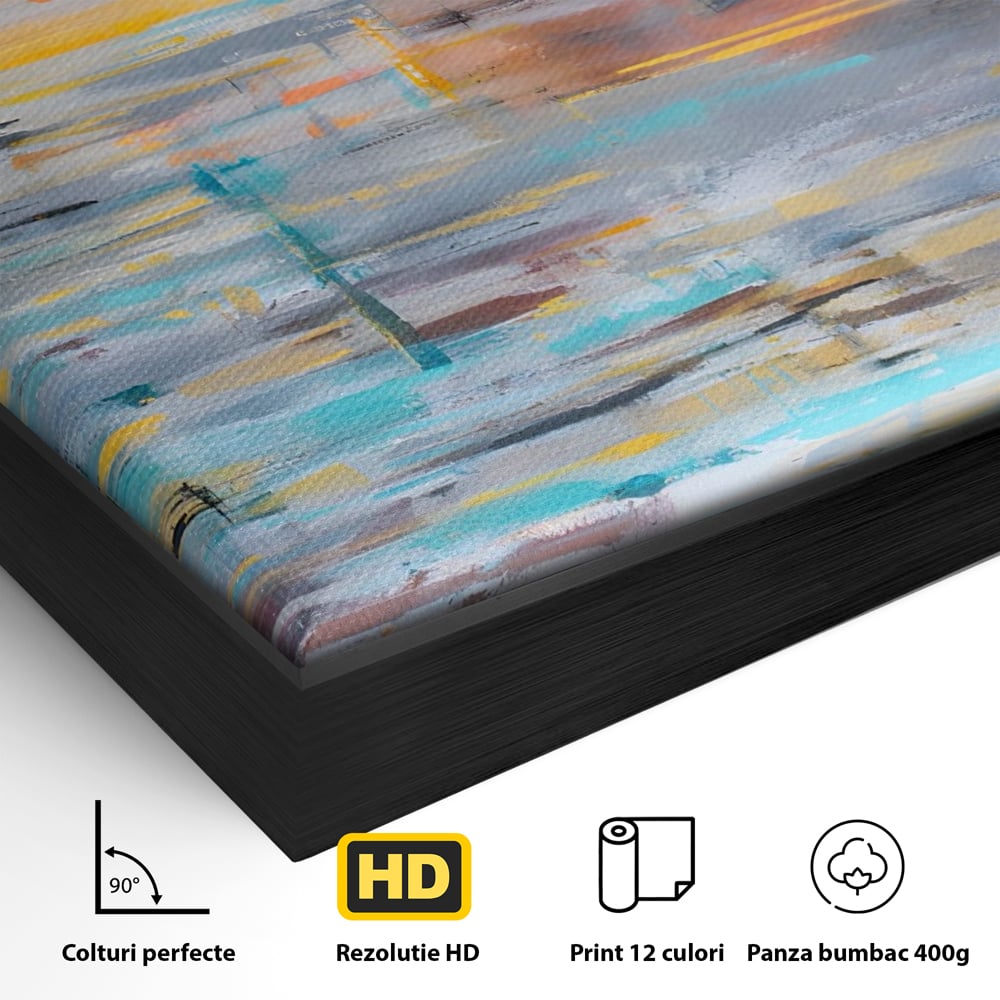 Detaliu al suprafetei: tablou canvas cu reflexii pe apa, in rama de aluminiu negru