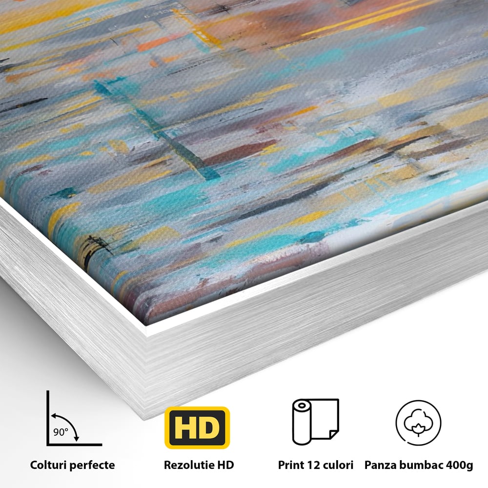 Detaliu al suprafetei: tablou canvas cu reflexii pe apa, in rama de aluminiu argintiu