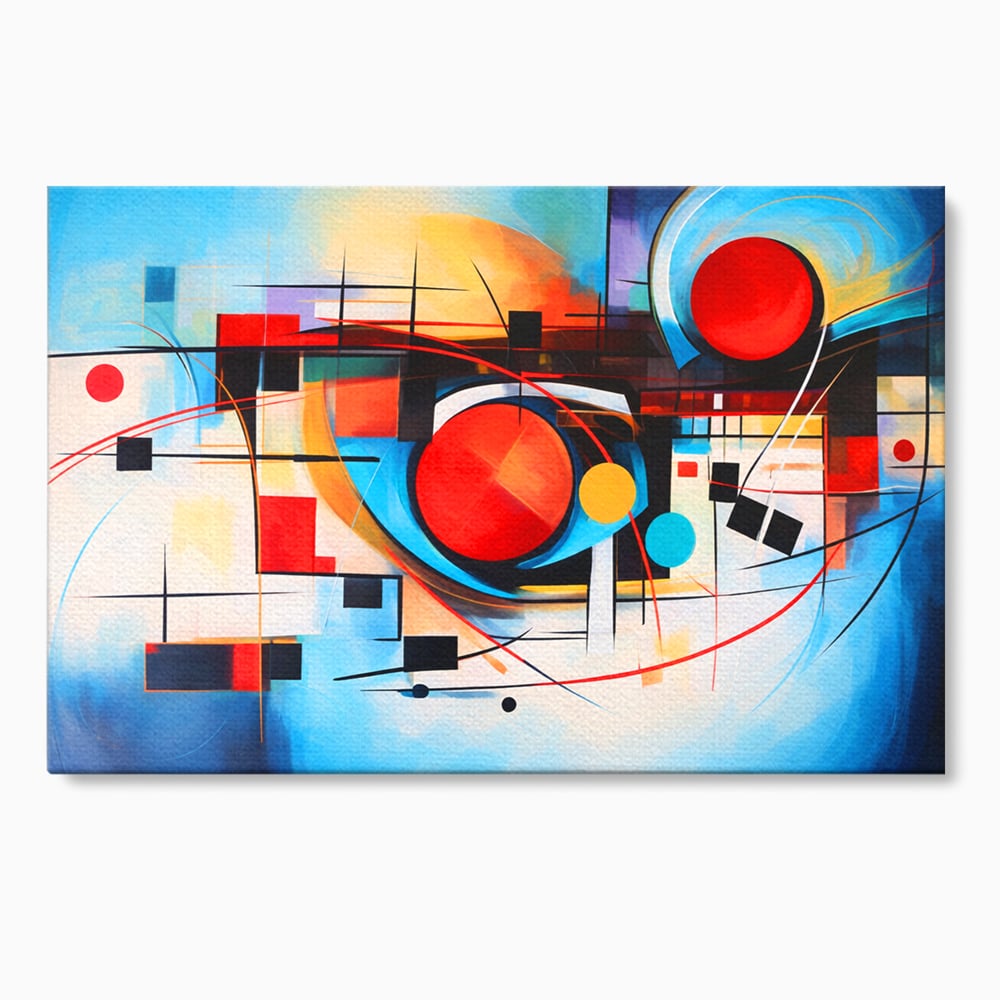 Tablou canvas cu pictura abstracta cu cercuri si linii, fara rama, pe sasiu de lemn