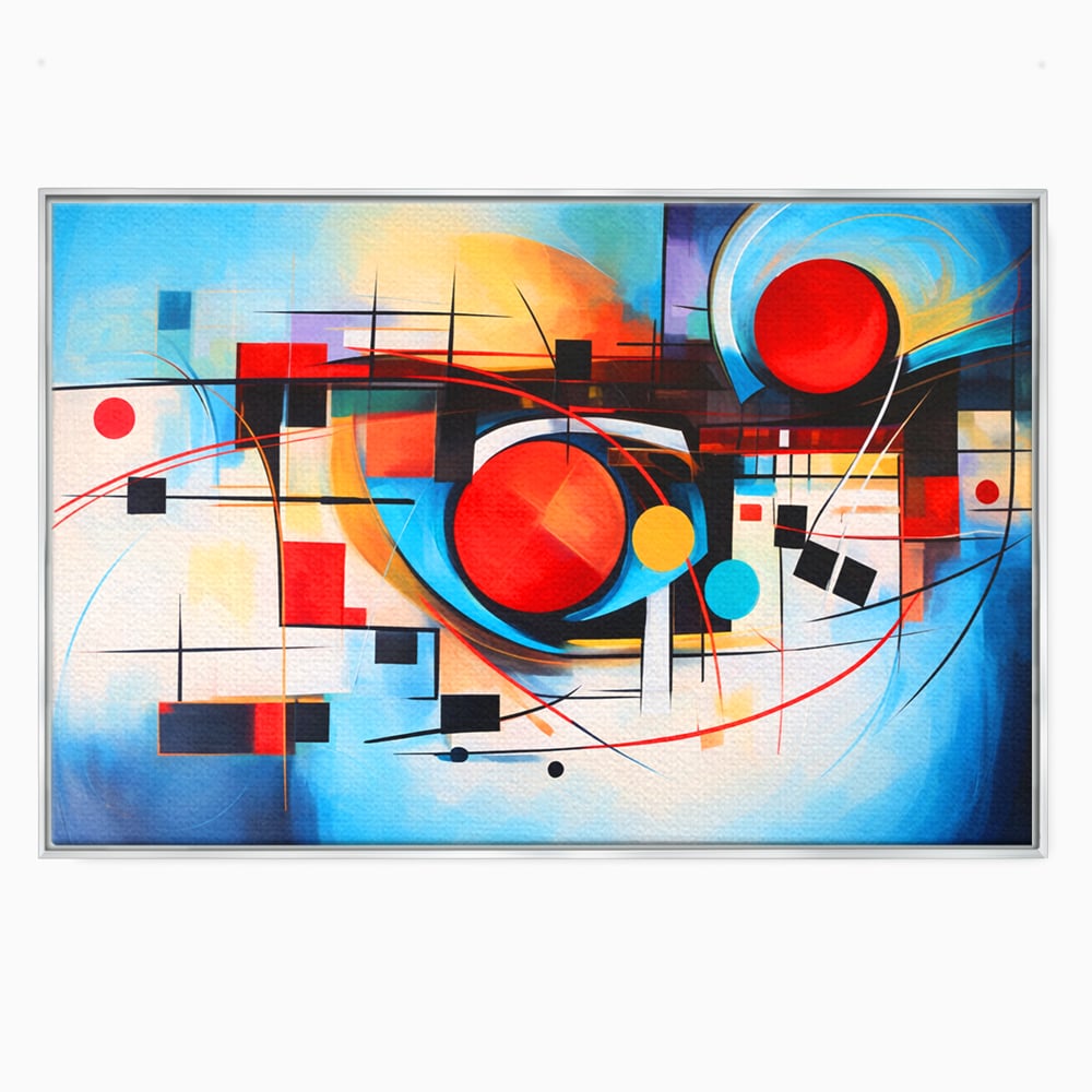Tablou canvas cu pictura abstracta cu cercuri si linii, in rama de aluminiu argintiu
