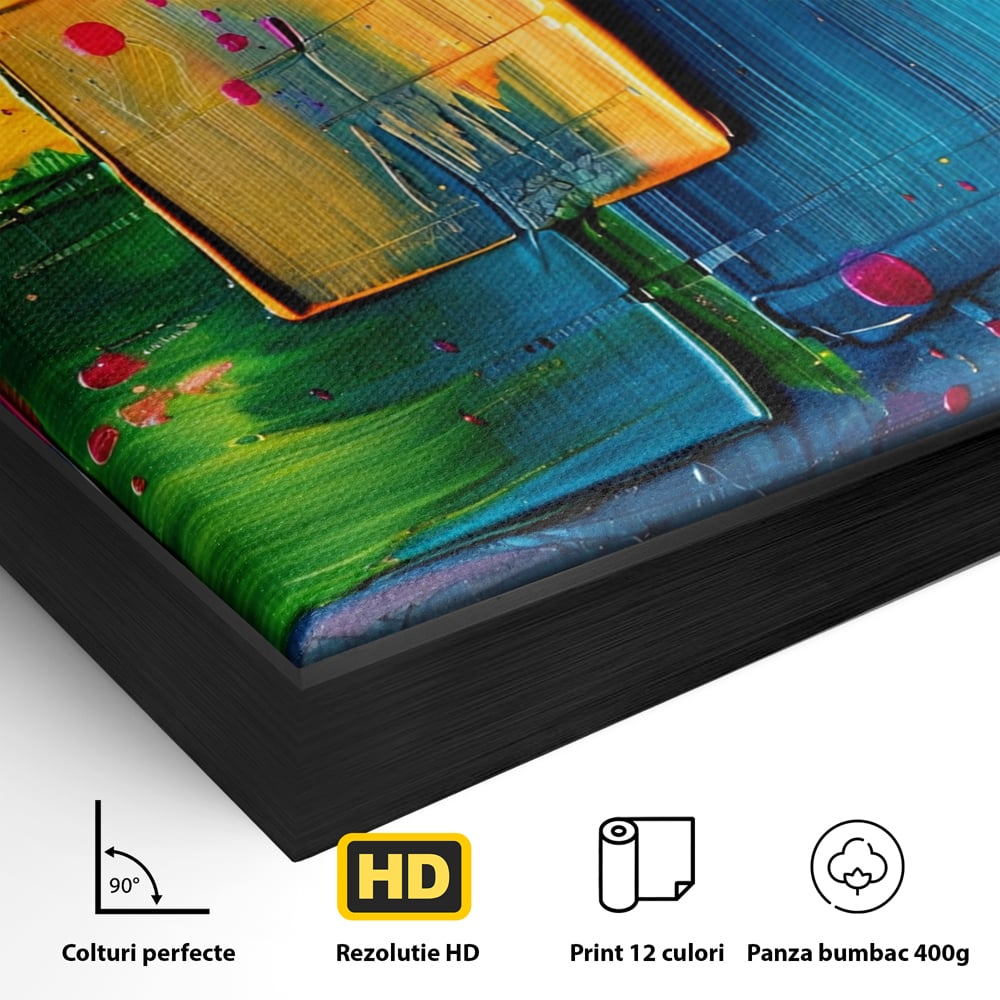 Detaliu al suprafetei: pictura abstracta cu patrate colorate in relief, in rama de aluminiu negru