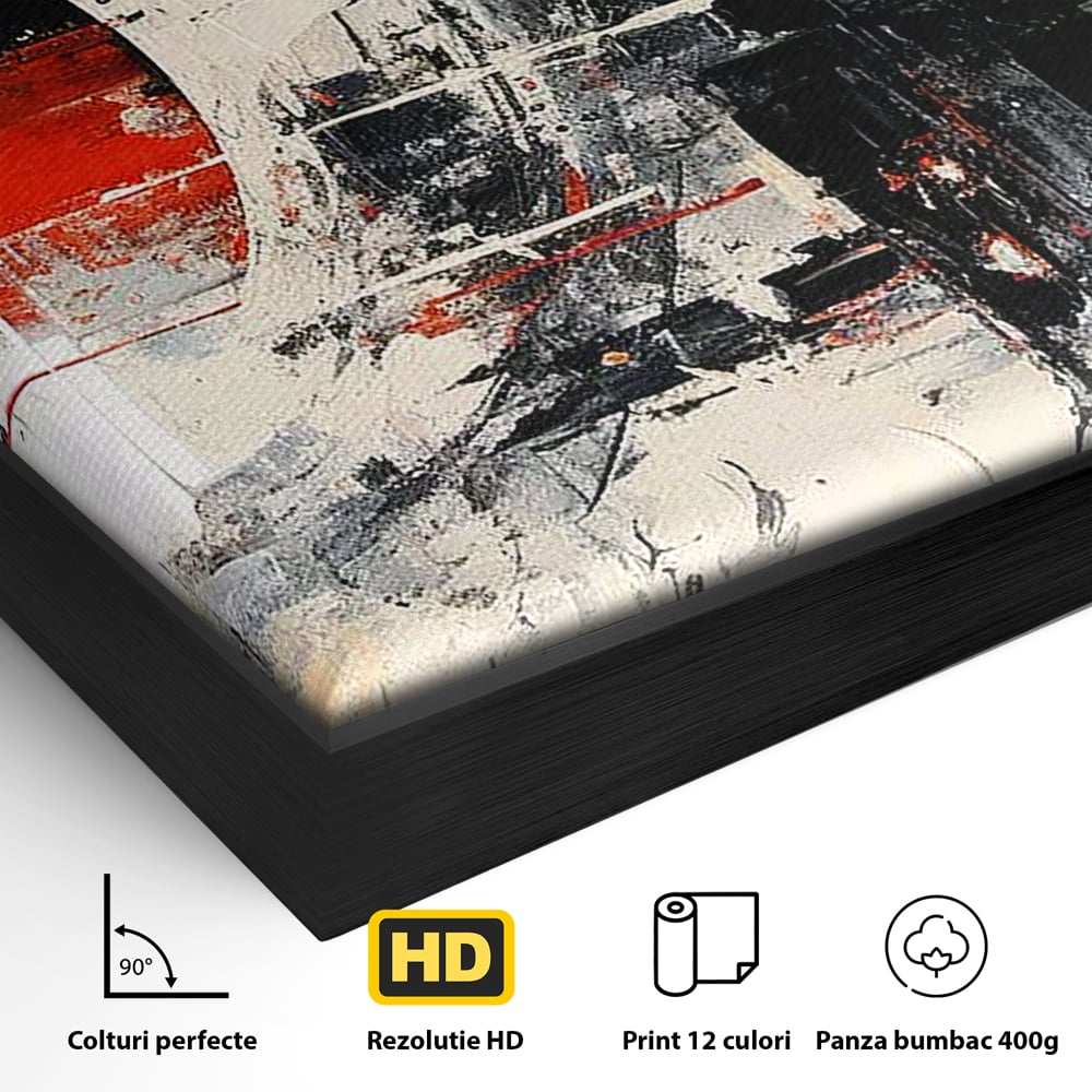 Detaliu al suprafetei: tablou canvas cu cerc rosu si geometrie abstracta, in rama de aluminiu negru