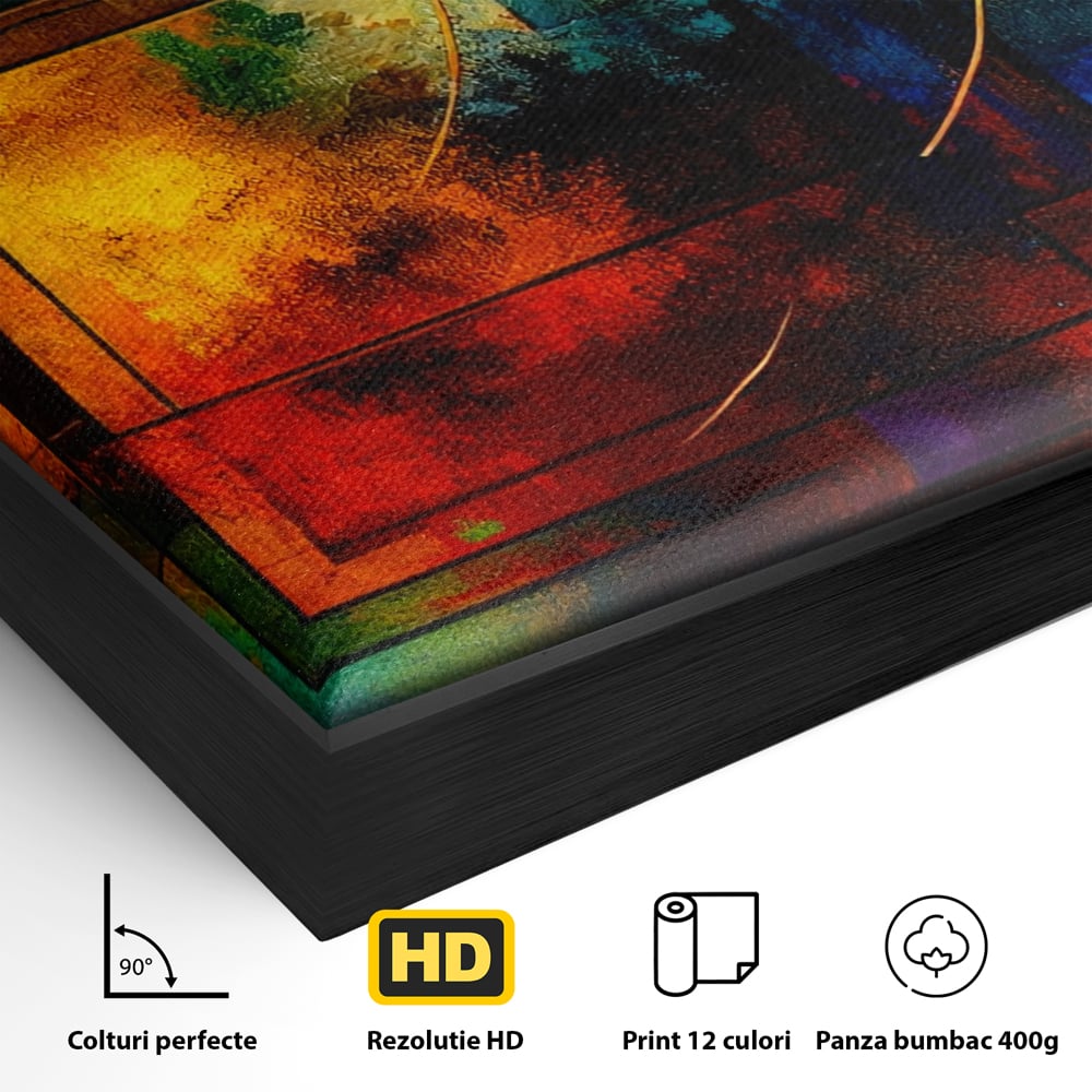 Detaliu al suprafetei: pictura abstracta cu forme geometrice si cercuri, in rama de aluminiu negru