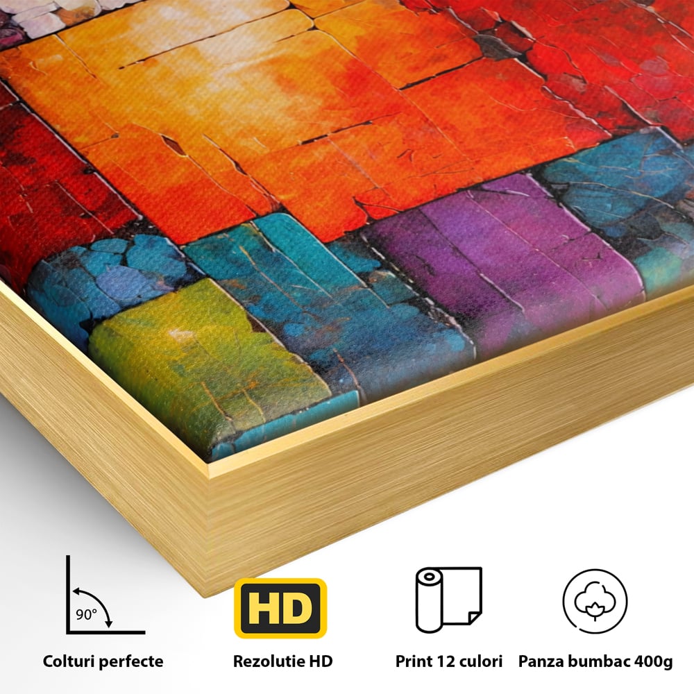 Detaliu al suprafetei: tablou canvas cu mozaic geometric colorat, in rama de aluminiu auriu