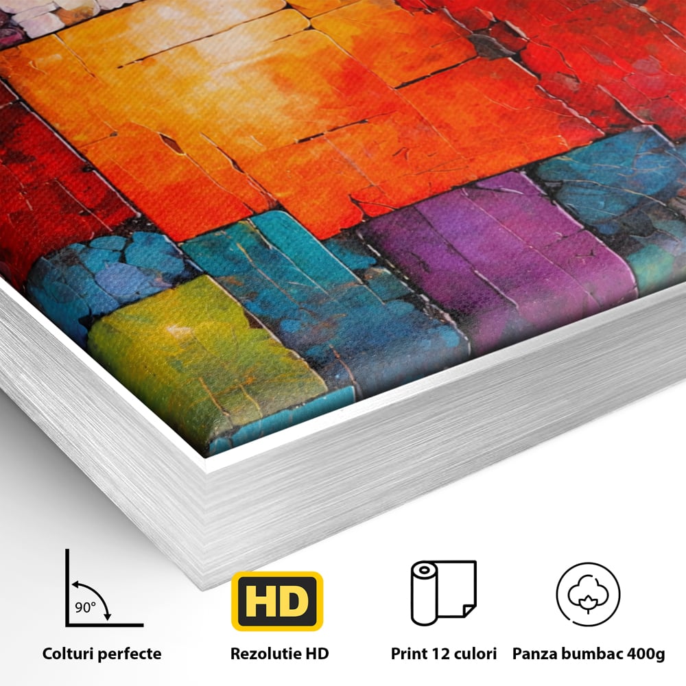 Detaliu al suprafetei: tablou canvas cu mozaic geometric colorat, in rama de aluminiu argintiu