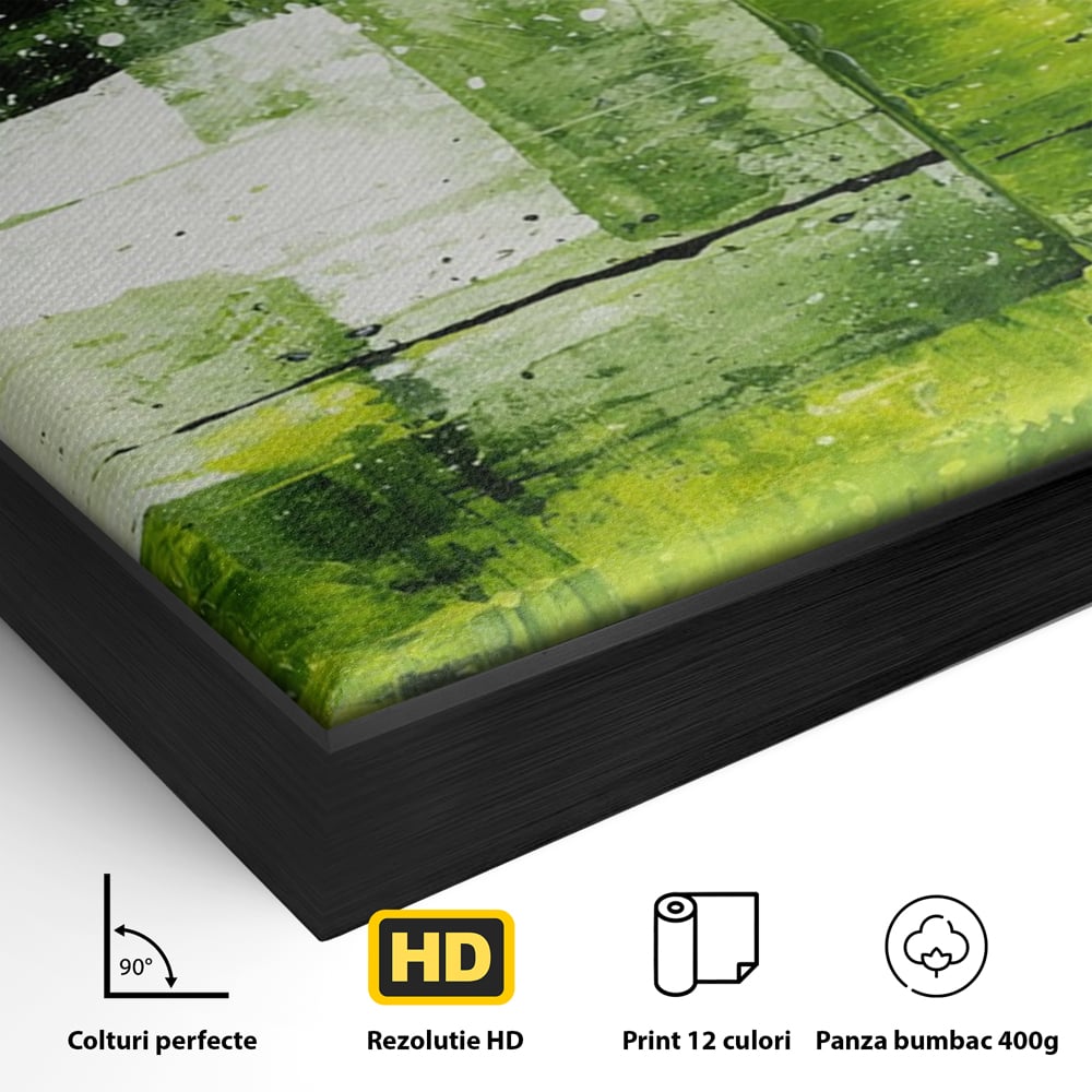 Detaliu al suprafetei: pictura abstracta cu straturi verzi, in rama de aluminiu negru