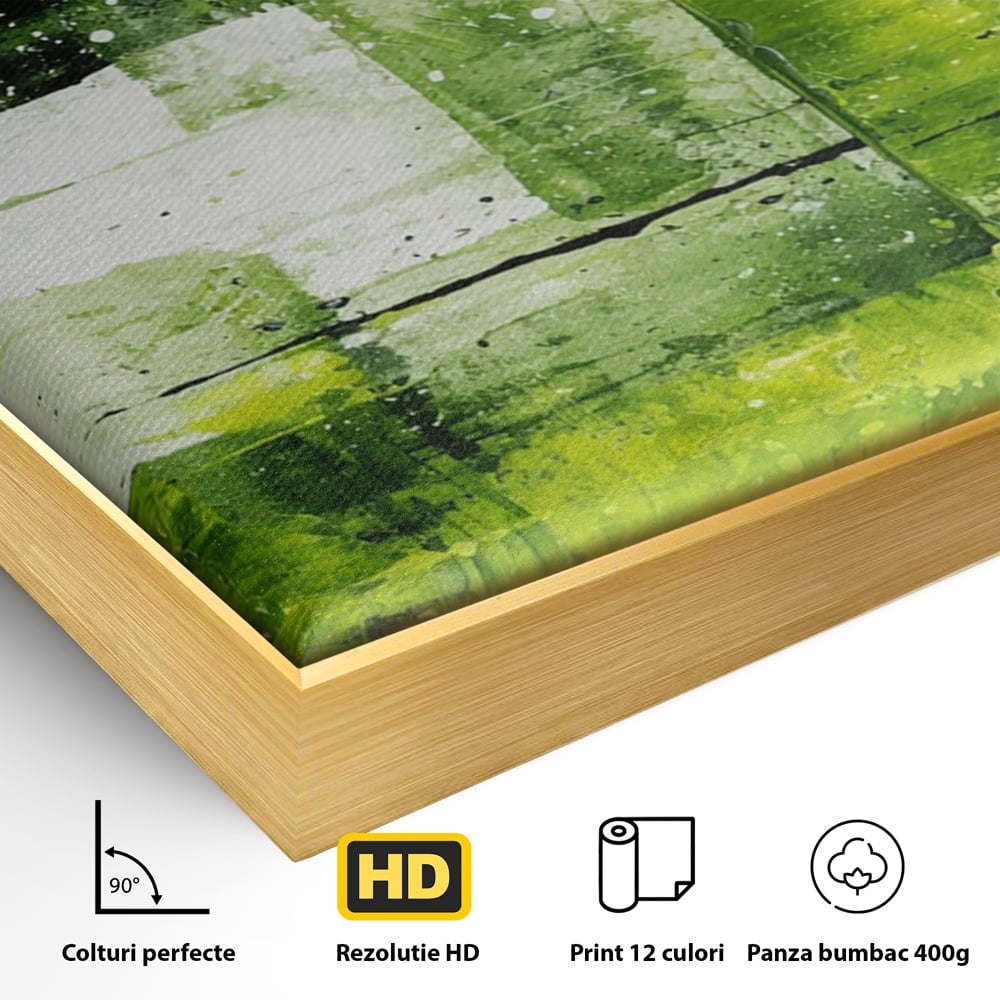 Detaliu al suprafetei: pictura abstracta cu straturi verzi, in rama de aluminiu auriu