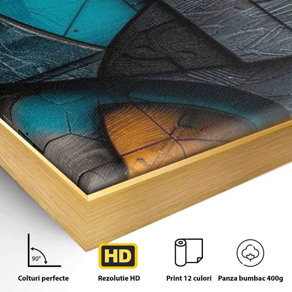 Detaliu al suprafetei: tablou abstract cu forme geometrice din lemn, in rama de aluminiu auriu