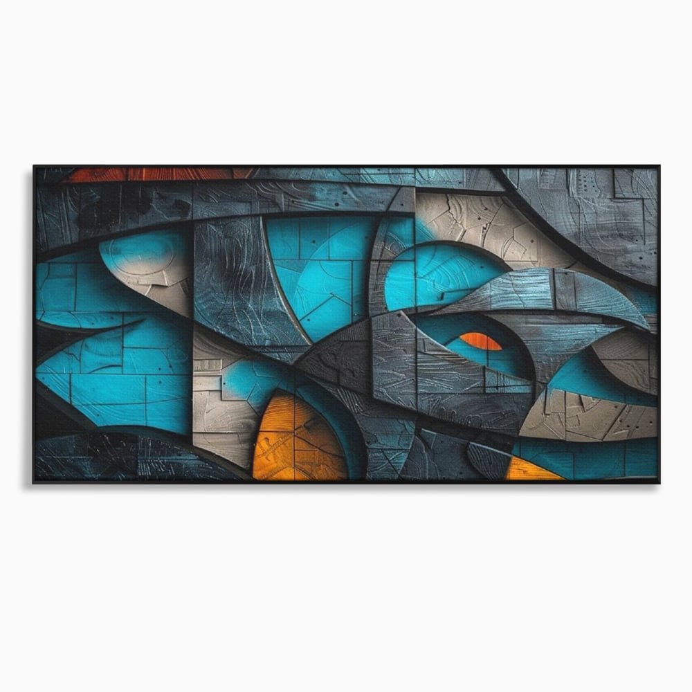 Tablou canvas cu tablou abstract cu forme geometrice din lemn, in rama de aluminiu negru