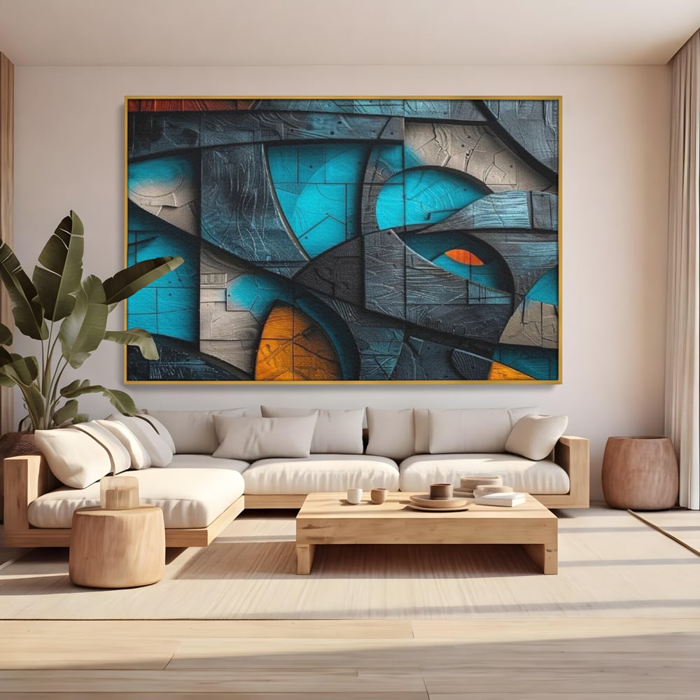 Tablou canvas cu tablou abstract cu forme geometrice din lemn, in rama de aluminiu auriu, pe perete intr-un living