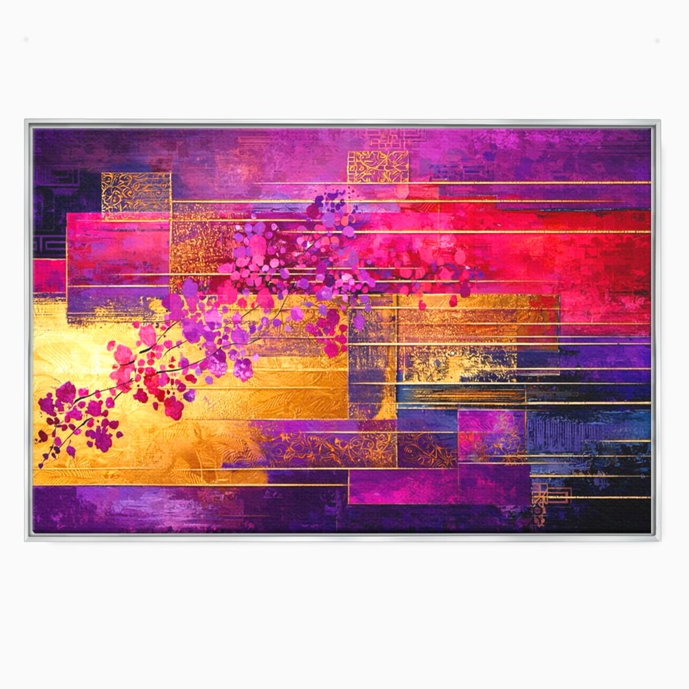 Tablou canvas cu pictura abstracta cu flori roz si linii aurii, in rama de aluminiu argintiu