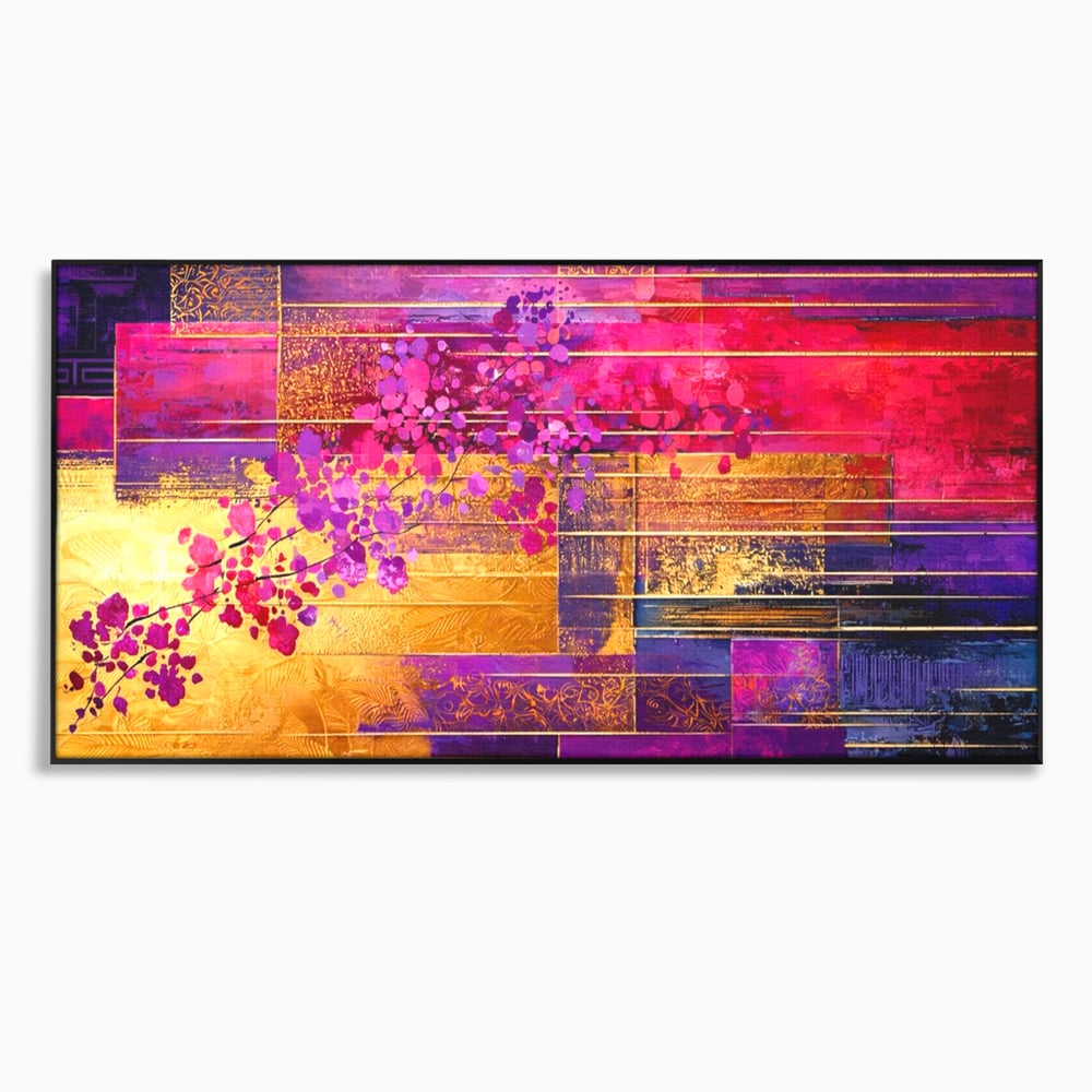 Tablou canvas cu pictura abstracta cu flori roz si linii aurii, in rama de aluminiu negru