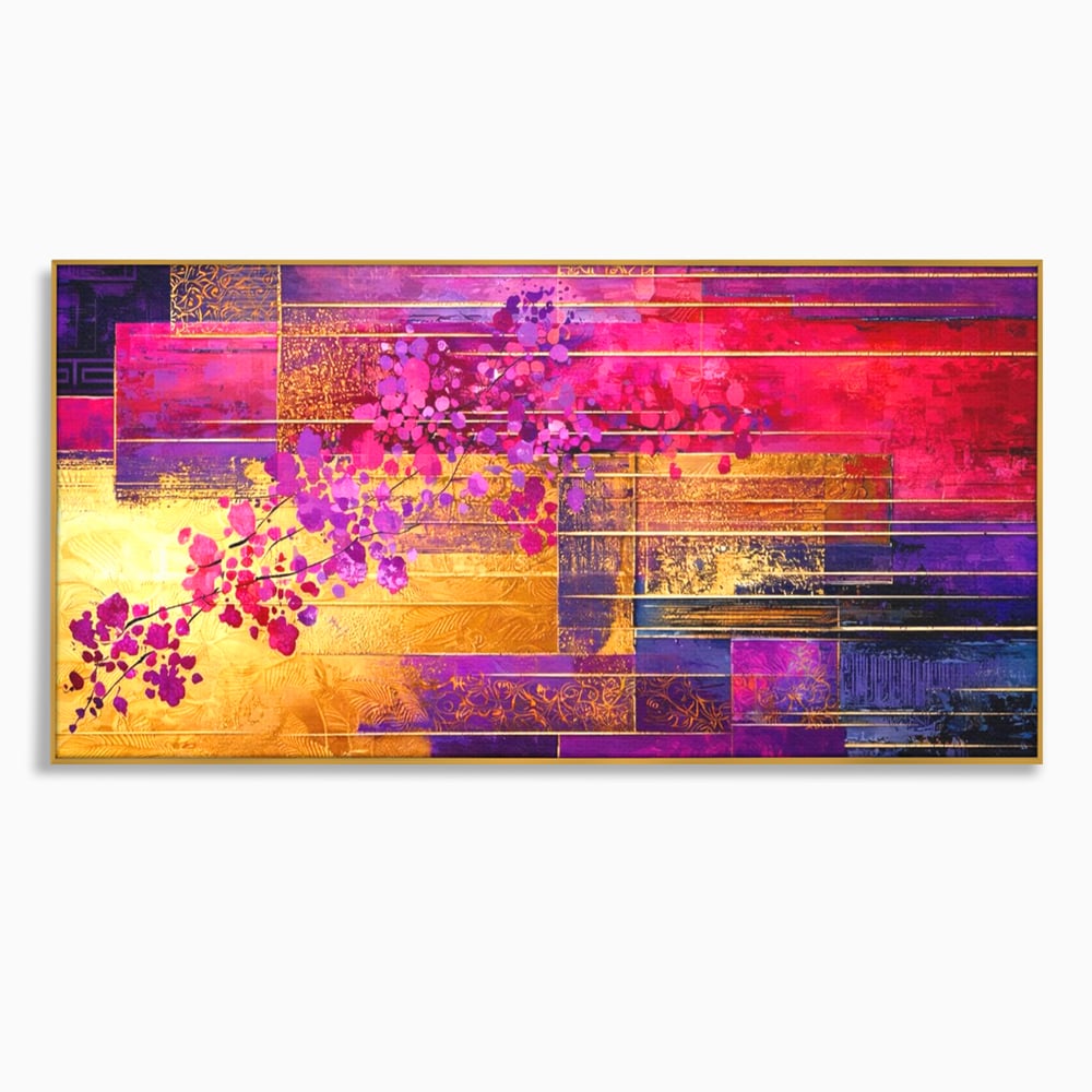 Tablou canvas cu pictura abstracta cu flori roz si linii aurii, in rama de aluminiu auriu