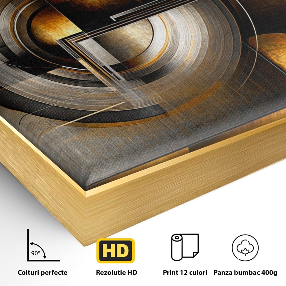Detaliu al suprafetei: tablou canvas cu cercuri geometrice aurii, in rama de aluminiu auriu