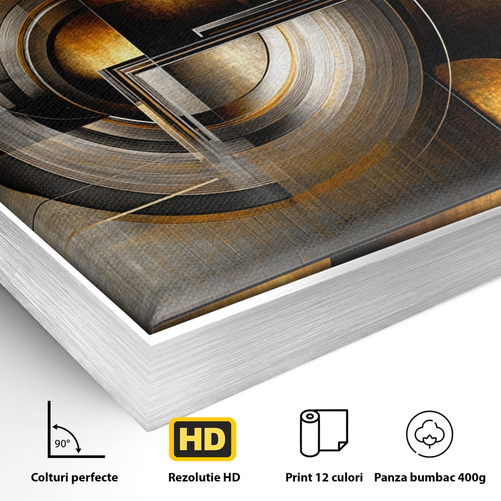Detaliu al suprafetei: tablou canvas cu cercuri geometrice aurii, in rama de aluminiu argintiu