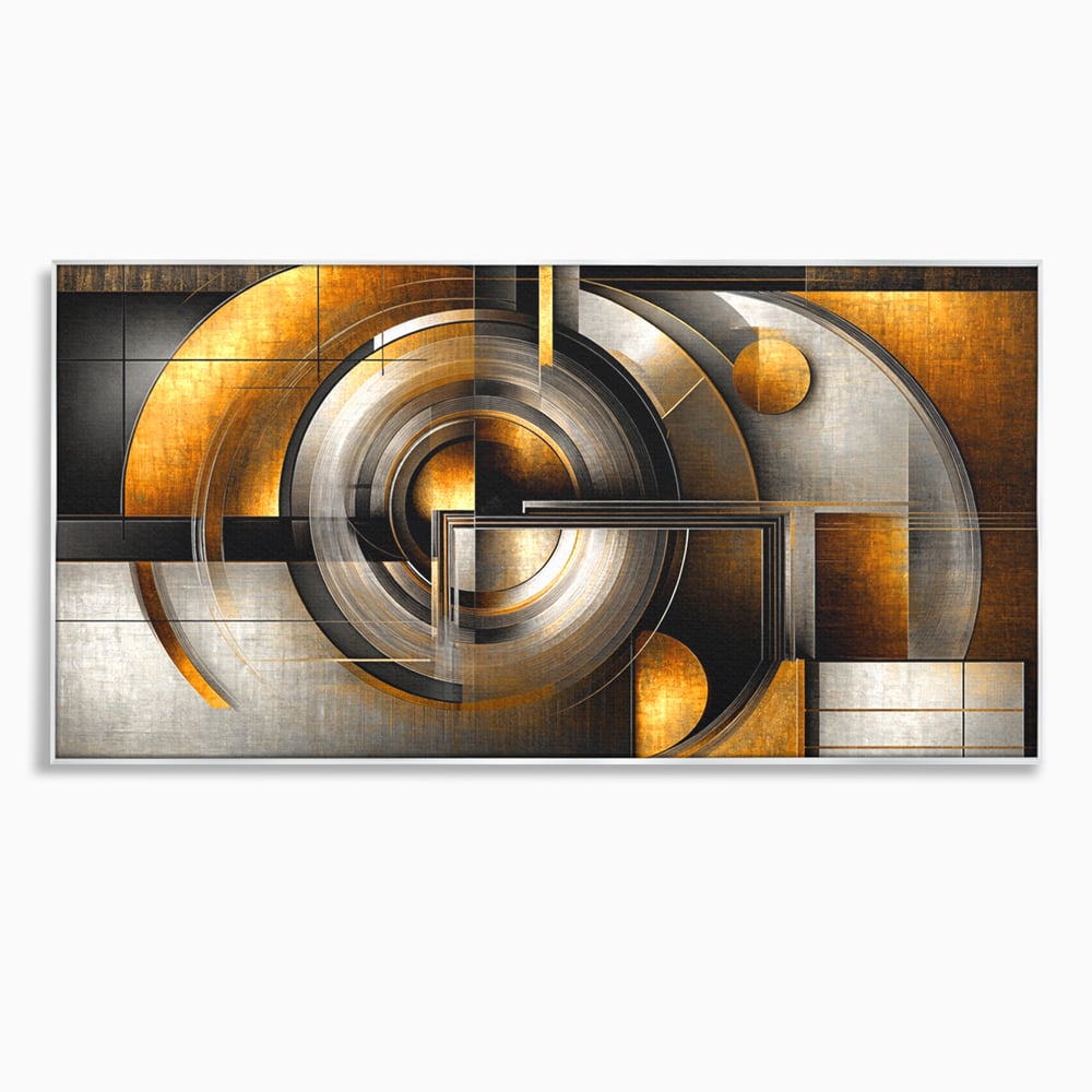 Tablou canvas cu tablou canvas cu cercuri geometrice aurii, in rama de aluminiu argintiu