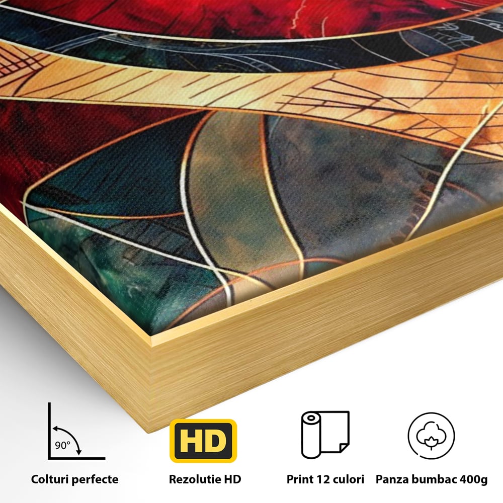 Detaliu al suprafetei: tablou abstract cu linii aurii, in rama de aluminiu auriu