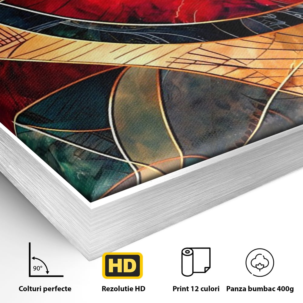 Detaliu al suprafetei: tablou abstract cu linii aurii, in rama de aluminiu argintiu