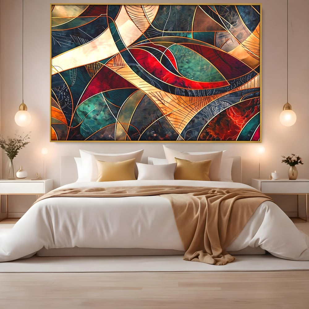 Tablou canvas cu tablou abstract cu linii aurii, in rama de aluminiu auriu, pe perete intr-un dormitor