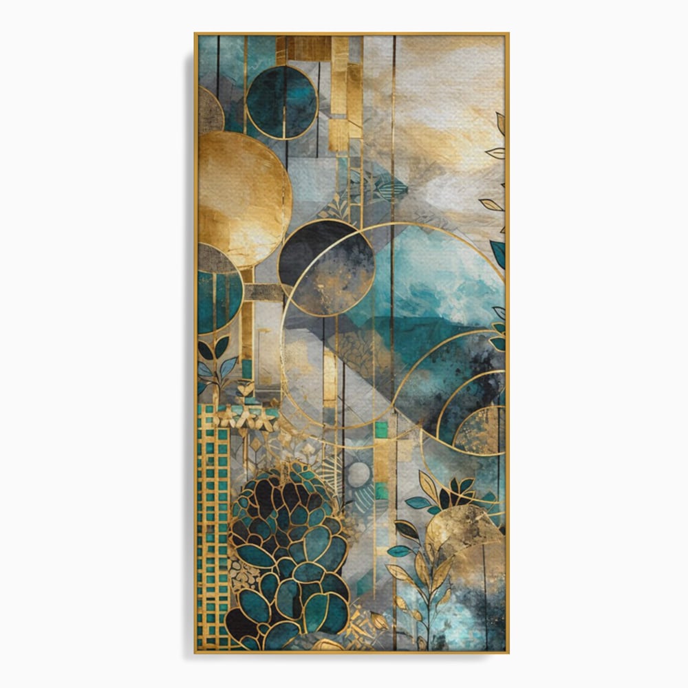 Tablou canvas cu compozitie abstracta cu forme geometrice si frunze, in rama de aluminiu auriu