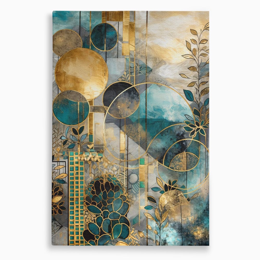 Tablou canvas cu compozitie abstracta cu forme geometrice si frunze, fara rama, pe sasiu de lemn