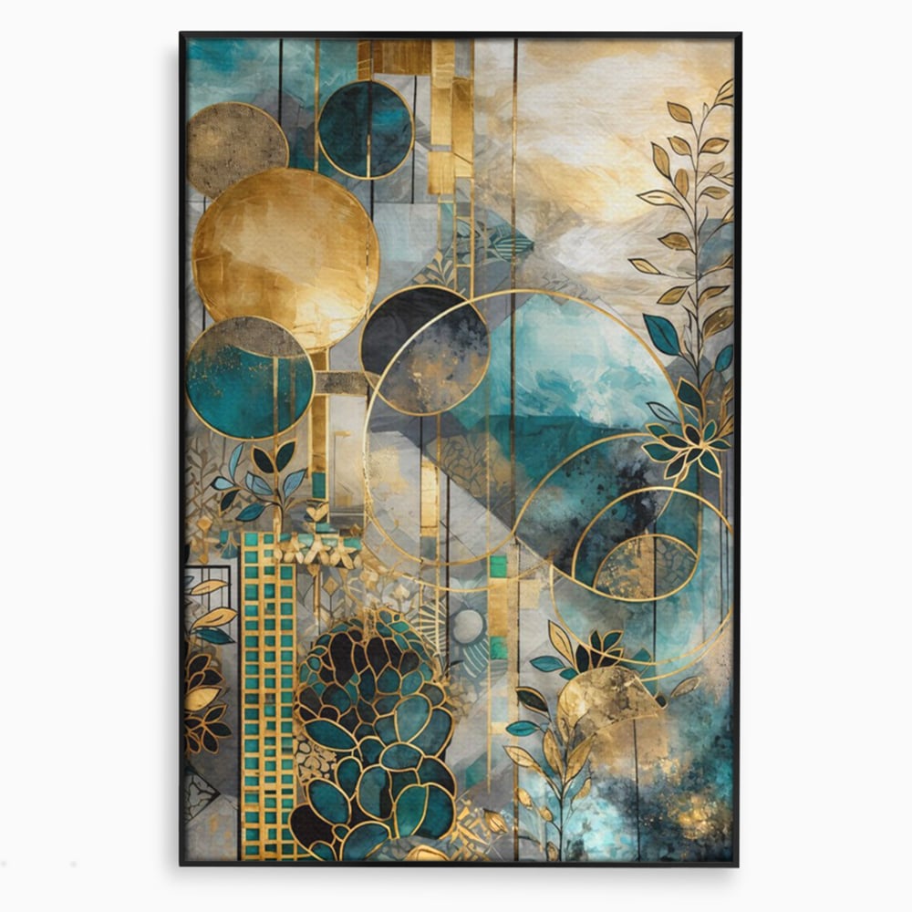 Tablou canvas cu compozitie abstracta cu forme geometrice si frunze, in rama de aluminiu negru