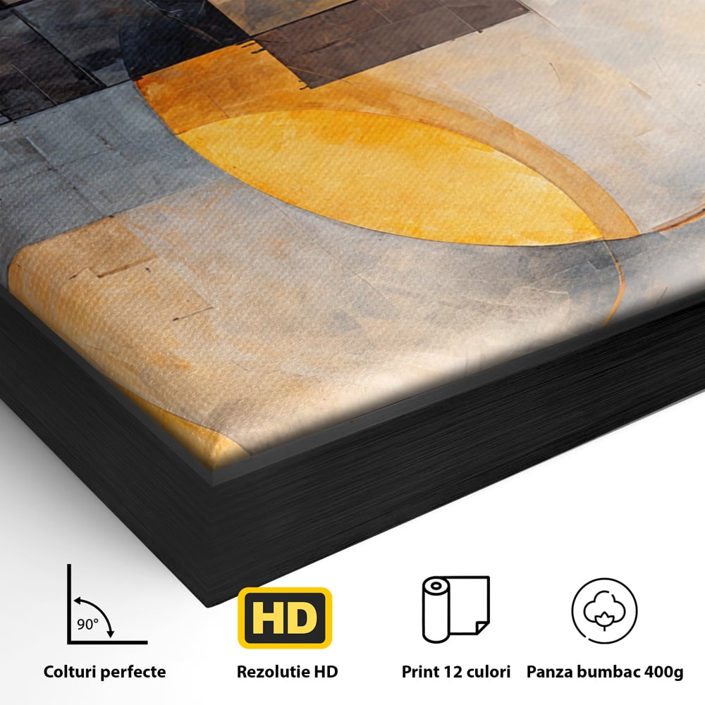 Detaliu al suprafetei: tablou canvas cu compozitie geometrica abstracta, in rama de aluminiu negru