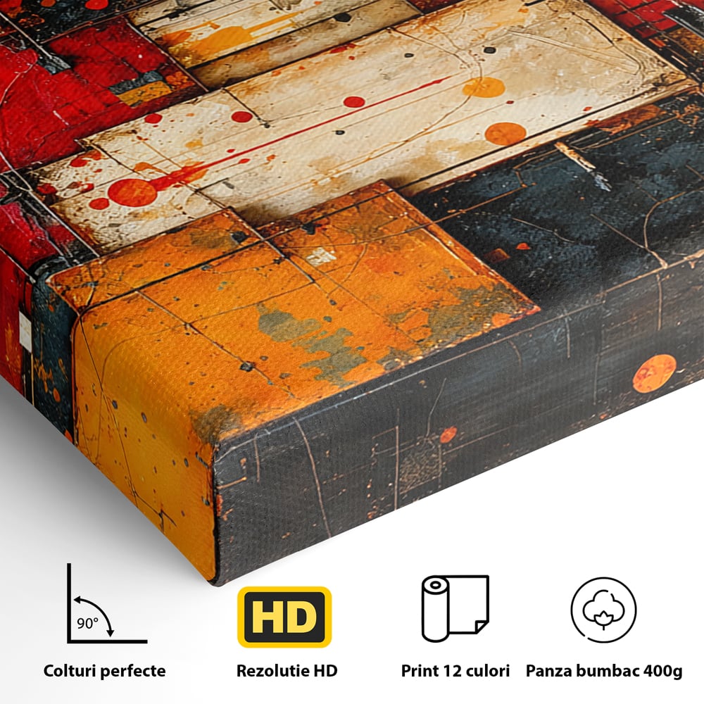 Detaliu al suprafetei: tablou canvas abstract geometric rosu, fara rama, pe sasiu de lemn