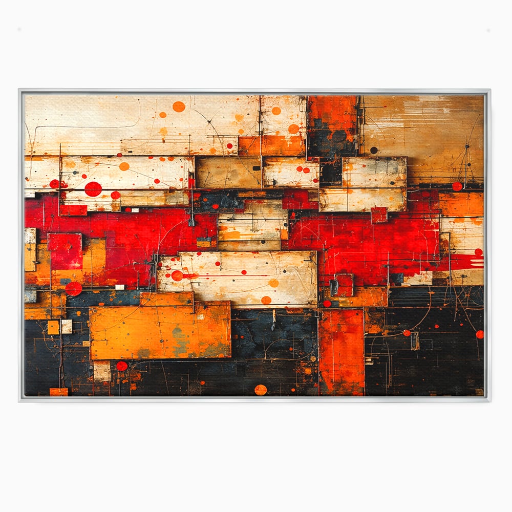 Tablou canvas cu tablou canvas abstract geometric rosu, in rama de aluminiu argintiu