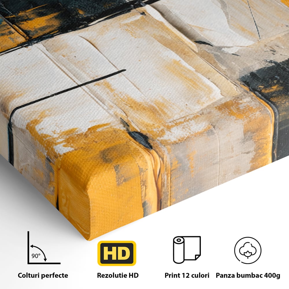Detaliu al suprafetei: tablou canvas abstract geometric, fara rama, pe sasiu de lemn