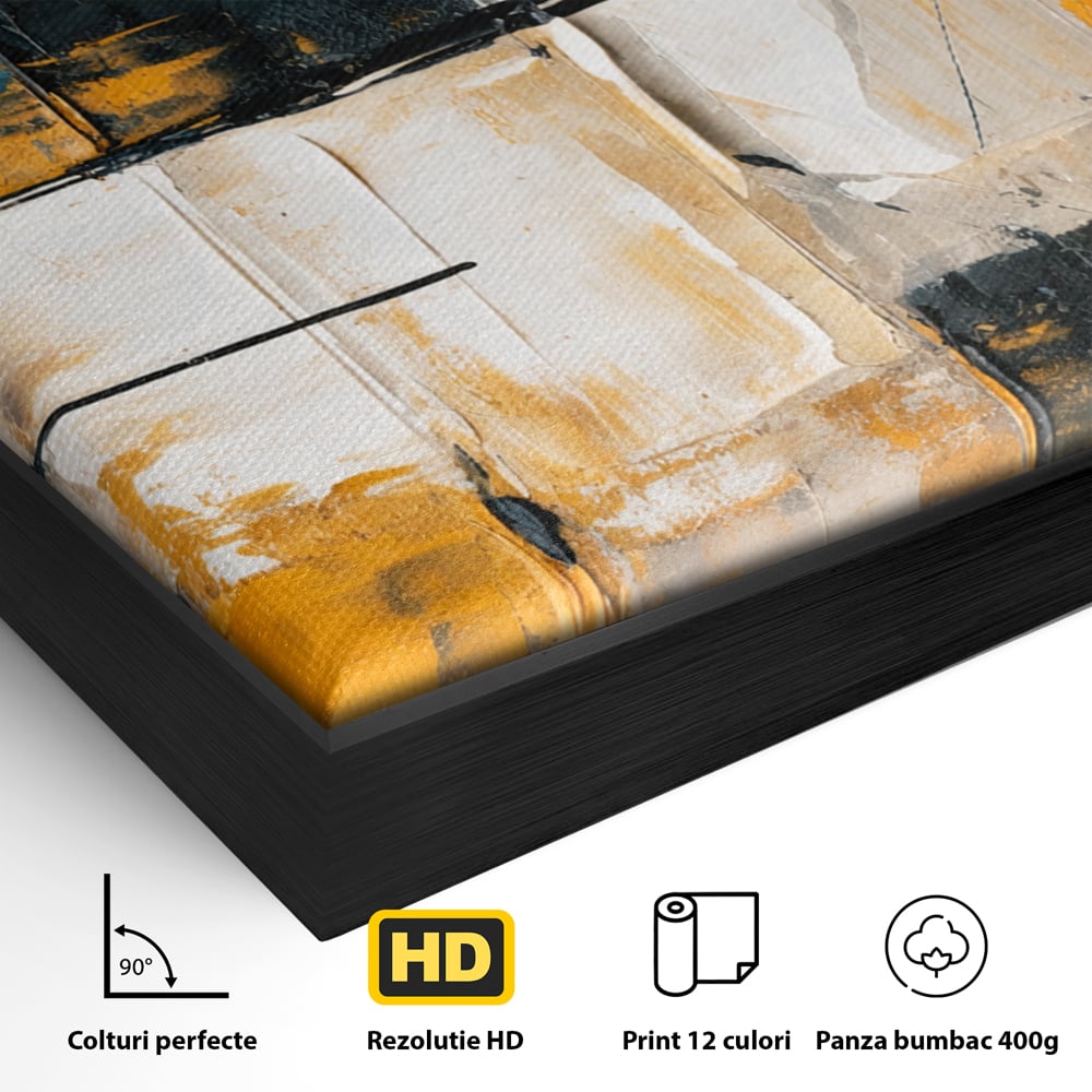 Detaliu al suprafetei: tablou canvas abstract geometric, in rama de aluminiu negru