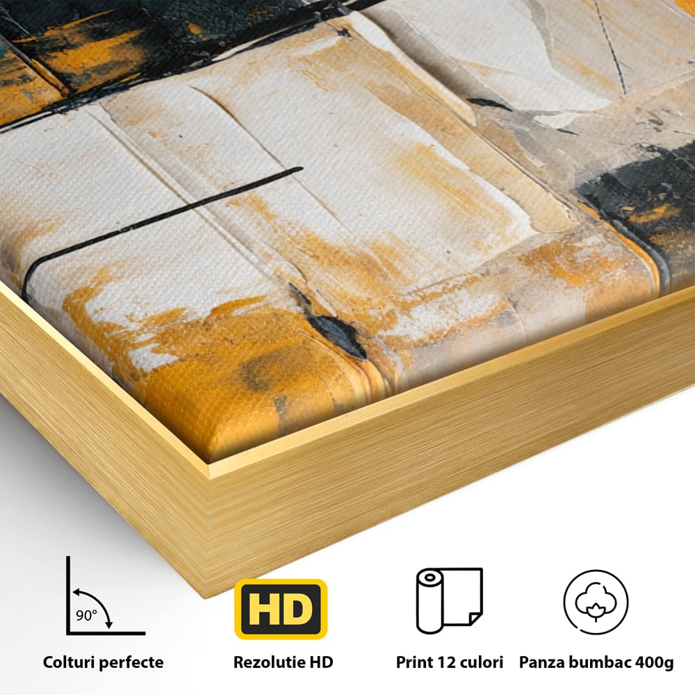 Detaliu al suprafetei: tablou canvas abstract geometric, in rama de aluminiu auriu
