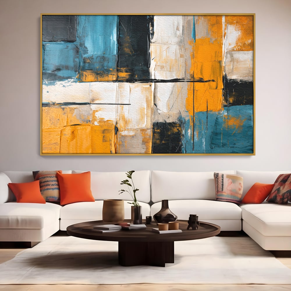 Tablou canvas cu tablou canvas abstract geometric, in rama de aluminiu auriu, pe perete intr-un living