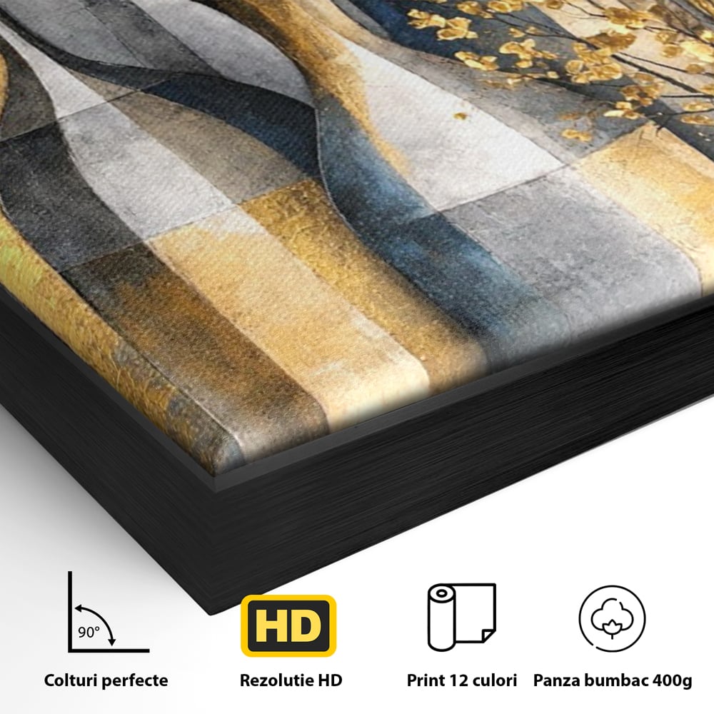Detaliu al suprafetei: pictura abstracta cu vaze si flori aurite, in rama de aluminiu negru