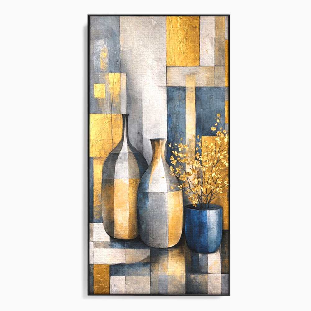 Tablou canvas cu pictura abstracta cu vaze si flori aurite, in rama de aluminiu negru