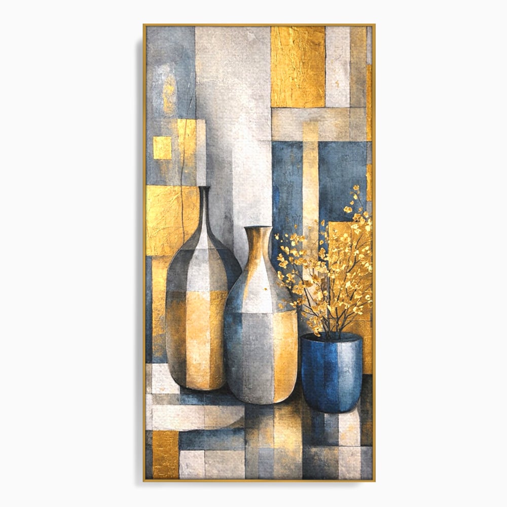 Tablou canvas cu pictura abstracta cu vaze si flori aurite, in rama de aluminiu auriu