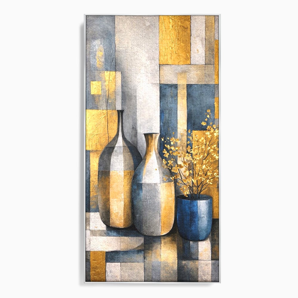 Tablou canvas cu pictura abstracta cu vaze si flori aurite, in rama de aluminiu argintiu